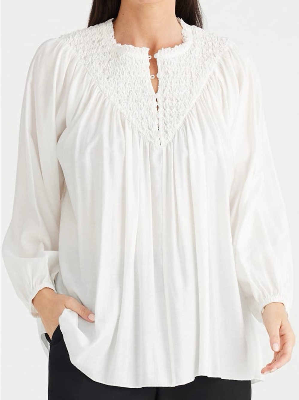 Brave + True Smocked V-Yoke White Blouse with Relaxed Long Sleeves